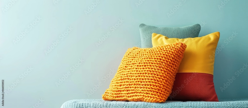 Poster Decorative cushion with knitted . Isolated on pastel background. with copy space image. Place for adding text or design