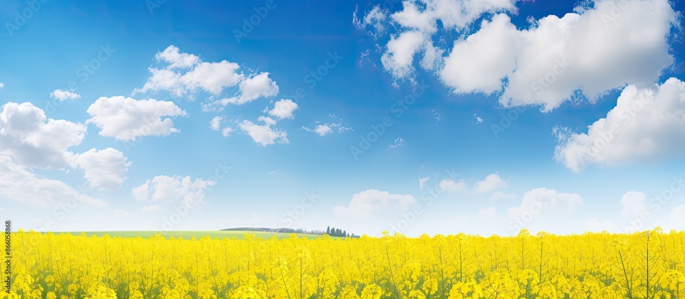Poster scenic blue sky with white clouds above a field of yellow flowers with copy space image.