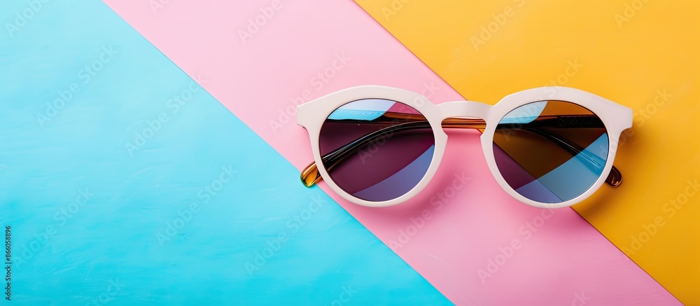 Poster stylish sunglasses on pastel background. beach accessories. with copy space image. place for adding 