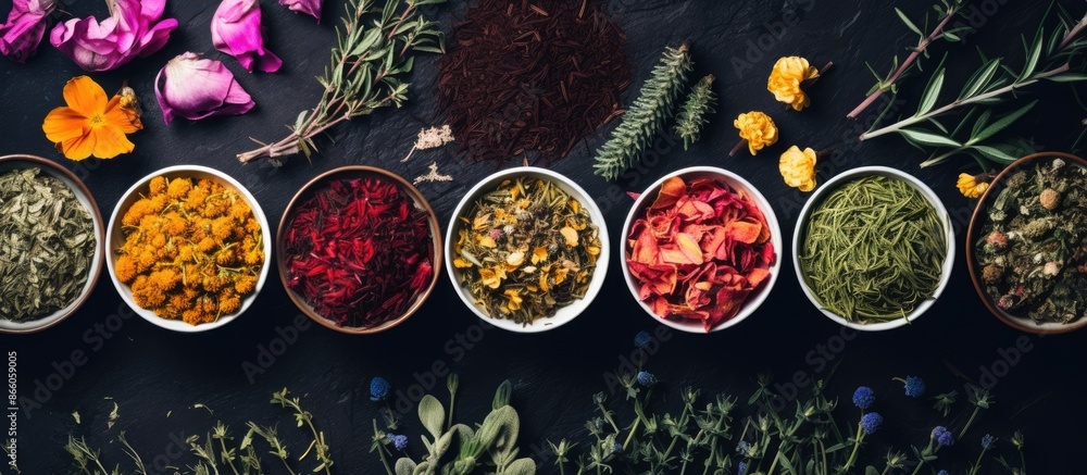Poster different types of herbal tea with medicinal herbs viewed from above, showcasing a blank area for ad