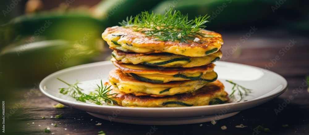 Poster zucchini pancakes stacked on a white plate with herbs, showcasing selective soft focus. ideal for te