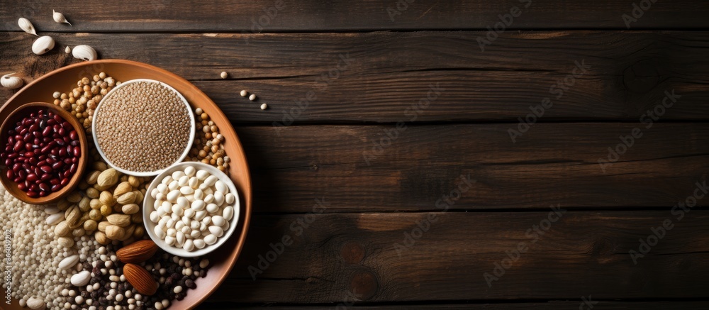 Aufkleber an aerial view of a white ceramic plate filled with various uncooked beans, grains, and seeds on a d