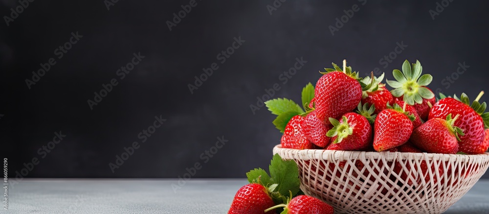 Fototapete Close-up soft focus image of ripe strawberries in a white basket on a gray background with copy space image.
