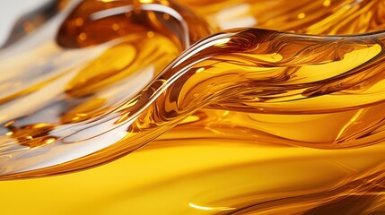 Closeup shot of yellow oil drops in amber liquid.
