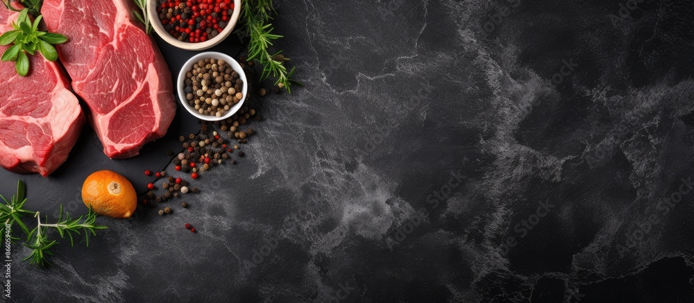 Leinwandbilder top-down view of fresh, organic beef or lamb on a dark surface like slate or concrete, providing amp