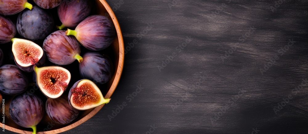 Poster top view of fresh figs in a wooden bowl on a stone table with a dark background, ideal for copy spac