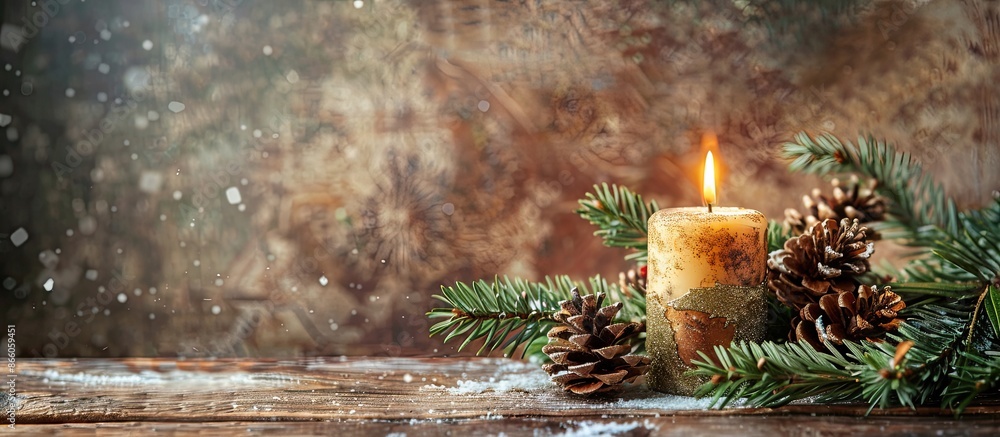 Poster festive christmas decorations featuring a candle, fir branches, pine cones, presented on a rustic wo