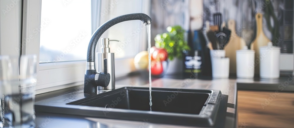 Poster Angle view of kitchen sink with silver faucet. with copy space image. Place for adding text or design