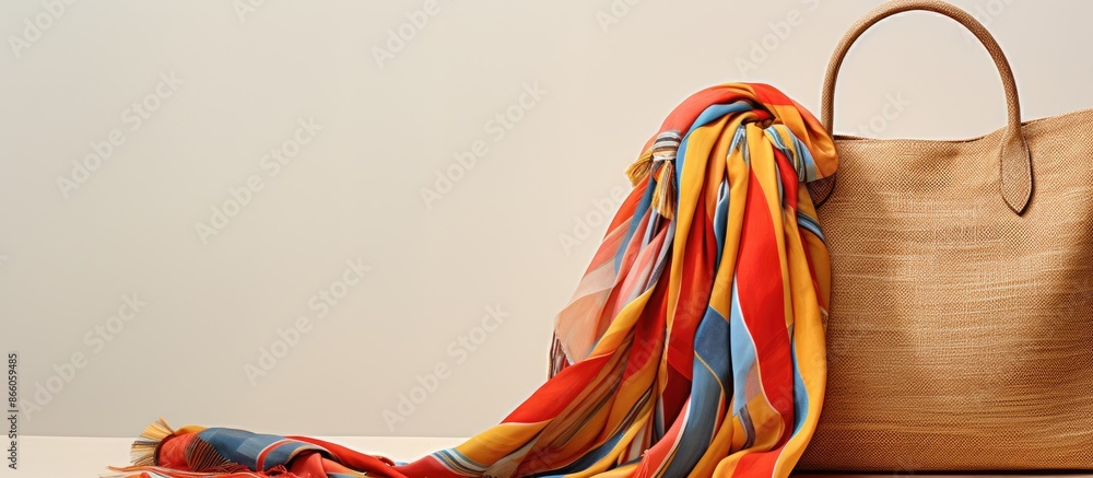 Poster straw bag adorned with a vibrant scarf, ideal for a stylish look with a copy space image.
