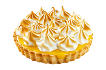 Close-up of a lemon meringue pie featuring a golden crust, zesty lemon filling isolated on white transparent background.