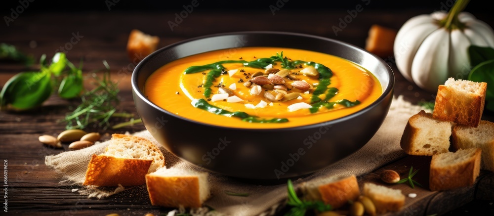 Poster pumpkin soup garnished with seeds, spices, herbs, and croutons on a rustic backdrop with ample copy 