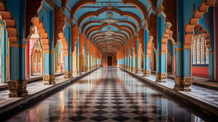 long corridor in a blue palace