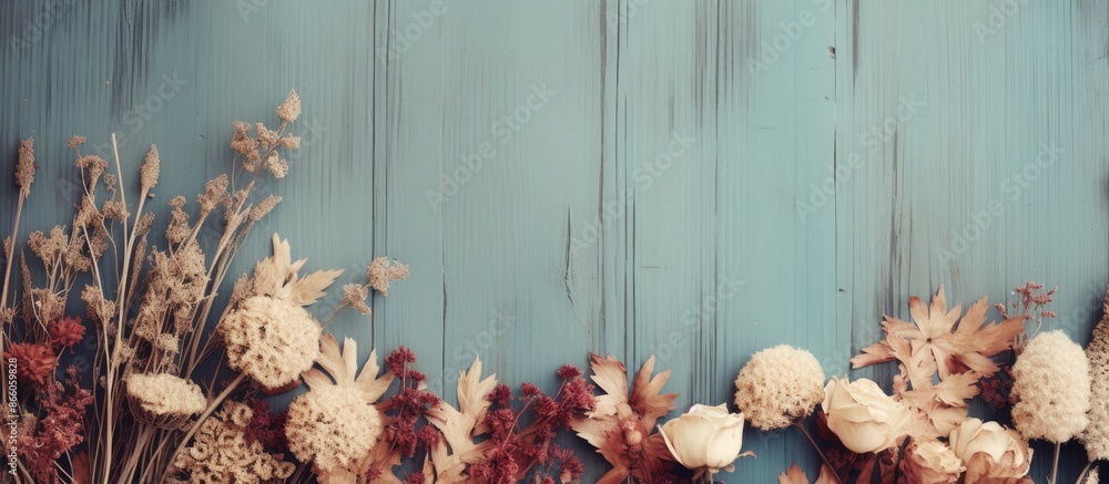 Poster vintage-style dry flowers displayed on a wooden background on the right side with copy space image.