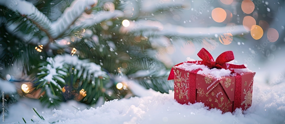 Poster xmas greeting card featuring a christmas gift box next to a snow-covered fir tree, ideal for includi