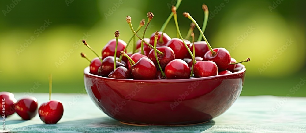 Wall mural Freshly harvested healthy organic red cherries in a green bowl, with a selected focus and narrow depth of field perfect for a copy space image.