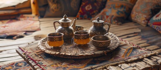 Traditional Kazakh dishes for drinks made of wood and leather are on an old wooden table in a yurt - the home of nomads. Close-up. with copy space image. Place for adding text or design