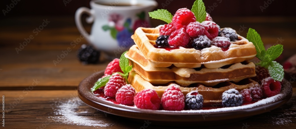 Poster waffles topped with berries, powdered sugar, and jam served with tea on a wooden table with copy spa
