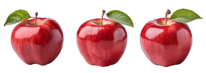Red apple isolated on transparent, red apple wite leaf cutout collection