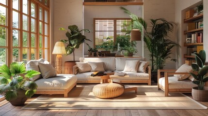 Cozy warm Living room with wooden woven furniture Generative AI