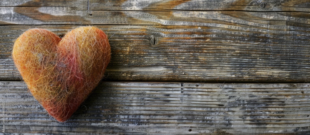 Aufkleber A heart-shaped piece of felt displayed on a rustic wooden surface with ample space for text or additional graphic elements in the picture.