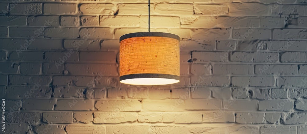 Poster a brown-colored lamp hangs on a white brick wall. with copy space image. place for adding text or de