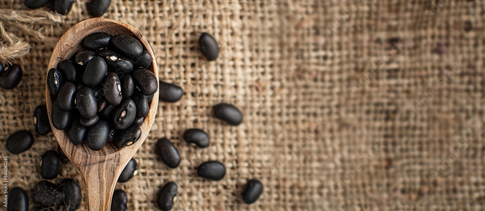 Aufkleber close-up of black beans in a wooden spoon on sackcloth with a blank space for adding images. with co