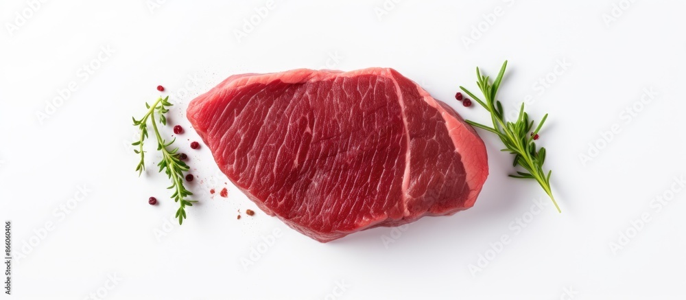 Leinwandbilder Top-down view of a fresh tuna fillet steak isolated on a white background with space for text alongside it (flat lay image). with copy space image. Place for adding text or design
