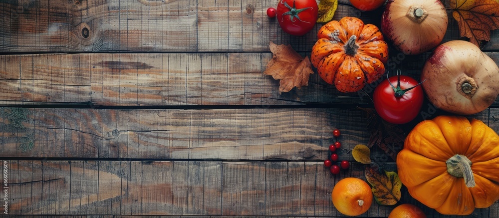 Aufkleber Fresh autumn vegetables arranged on a rustic wooden surface for a flat lay style with a background suitable for adding text or other elements - copy space image.