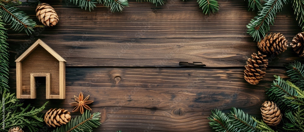 Poster wooden background frame, wooden house. with copy space image. place for adding text or design