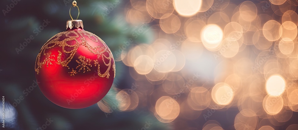 Poster Close-up of a red Christmas ornament on a green tree branch with string lights in the background for a winter holidays greeting card and copy space image.