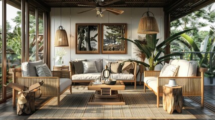 Fototapeta premium Cozy warm Living room with wooden woven furniture Generative AI