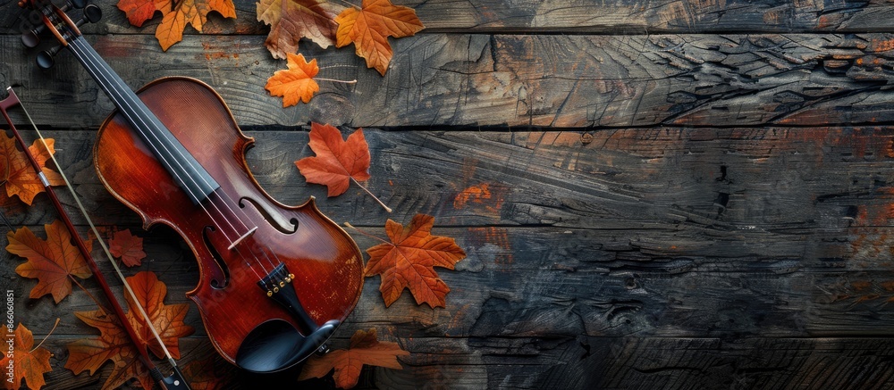 Poster Top-down view of antique violin and fall leaves on rustic wooden table with space for text or image. with copy space image. Place for adding text or design