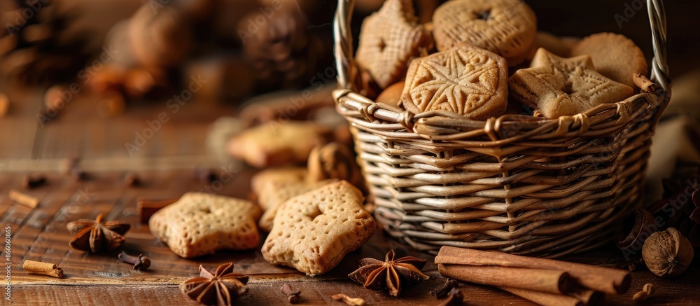 Aufkleber Basket containing ginger cookies, walnuts, and cinnamon on a brown table with selective focus on the objects in a copy space image.
