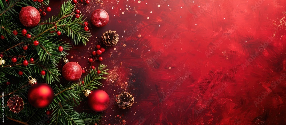 Poster festive new year card with a christmas tree, ornaments, and a place for text on a christmas-themed b