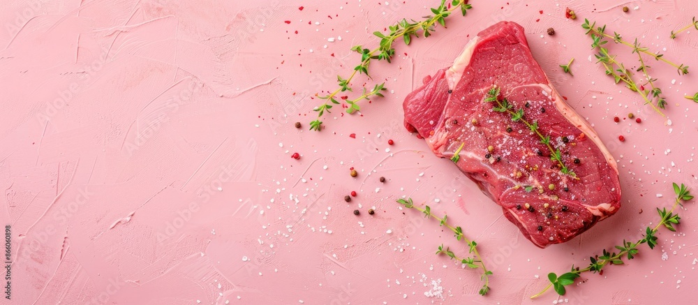 Poster raw beef with thyme ready for cooking pastel background. with copy space image. place for adding tex