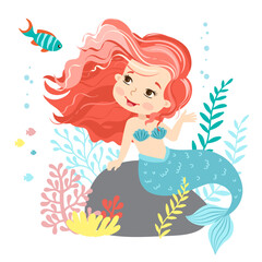 Hand drown vector illustration of Beautiful Girl Mermaid with pink hair. Underwater marine life of a coral reef