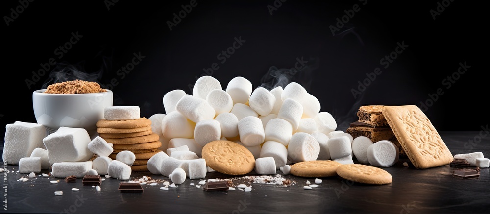 Poster Marshmallows arranged with biscuits and meringue create a visually appealing composition within a copy space image.