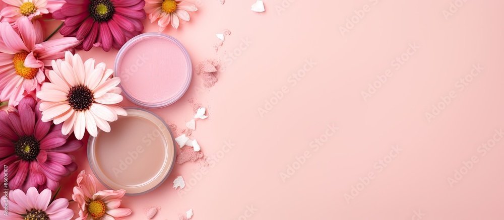 Aufkleber a makeup product arrangement with pretty flowers on a pink backdrop, perfect for adding text or logo