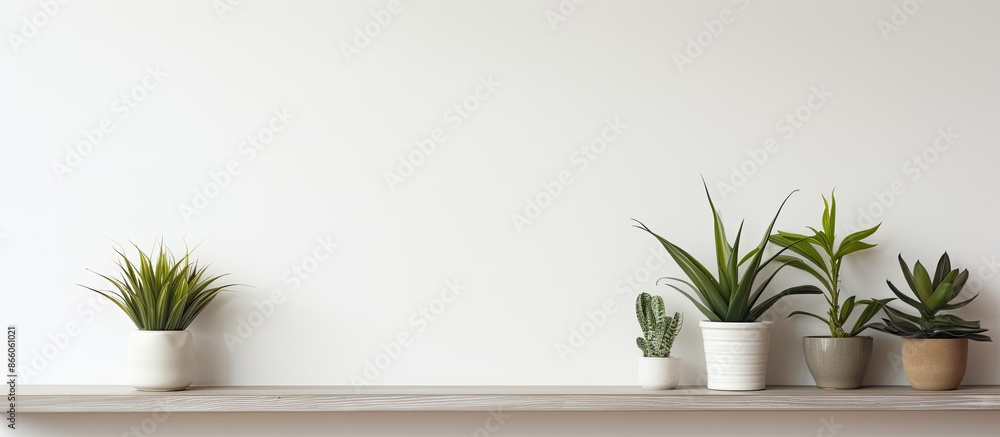 Poster interior of a white home adorned with houseplants displayed on a wooden shelf, creating a serene atm