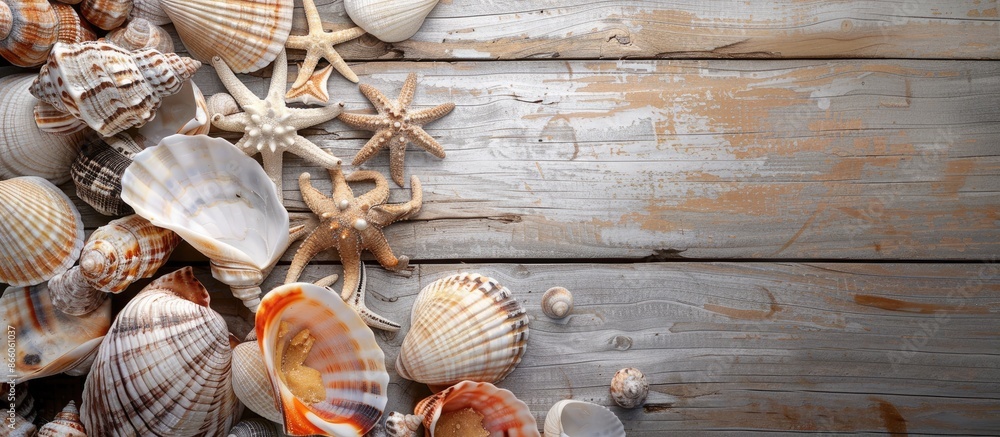 Aufkleber Seashells arranged elegantly on a wooden backdrop with a clear copy space image available.