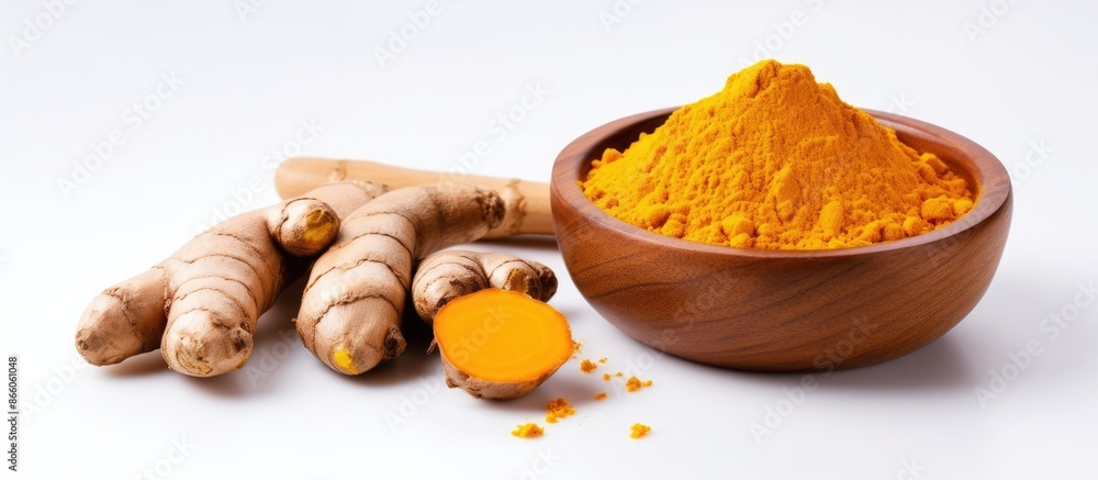Poster top view of turmeric powder in a wooden bowl and turmeric root isolated on a white background with c