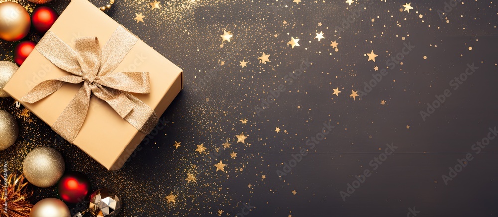 Poster Christmas decorations and a gift box seen from above on a colorful surface with room for text. Ideal for holiday-themed designs and greetings. with copy space image. Place for adding text or design