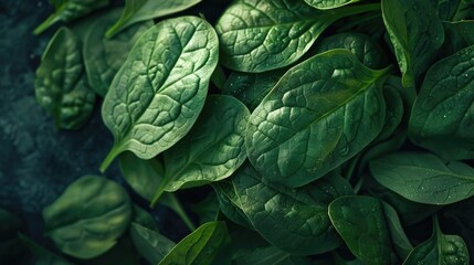 Obraz premium Spinach leaves in green color on a dark background