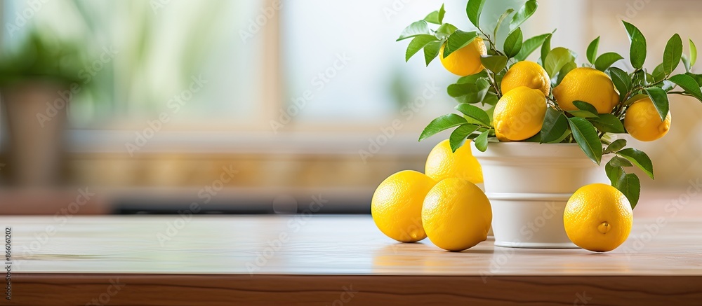 Poster kitchen countertop featuring a potted lemon tree with ripe fruits, providing room for a text overlay