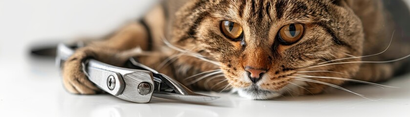 A cat is laying on a table next to a pair of scissors