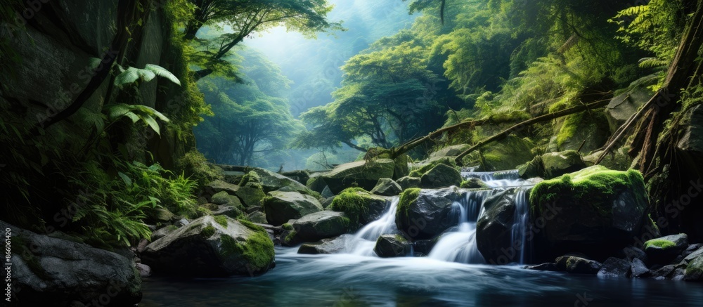Poster mountain scenery with a tranquil small waterfall, providing a serene backdrop for a copy space image