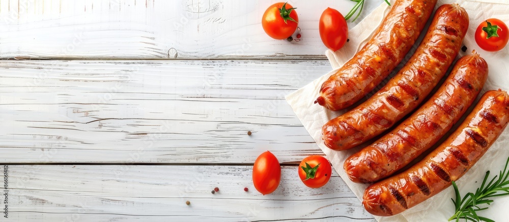 Poster delicious homemade sausages on a white wooden surface seen from above, with room for text in the pic