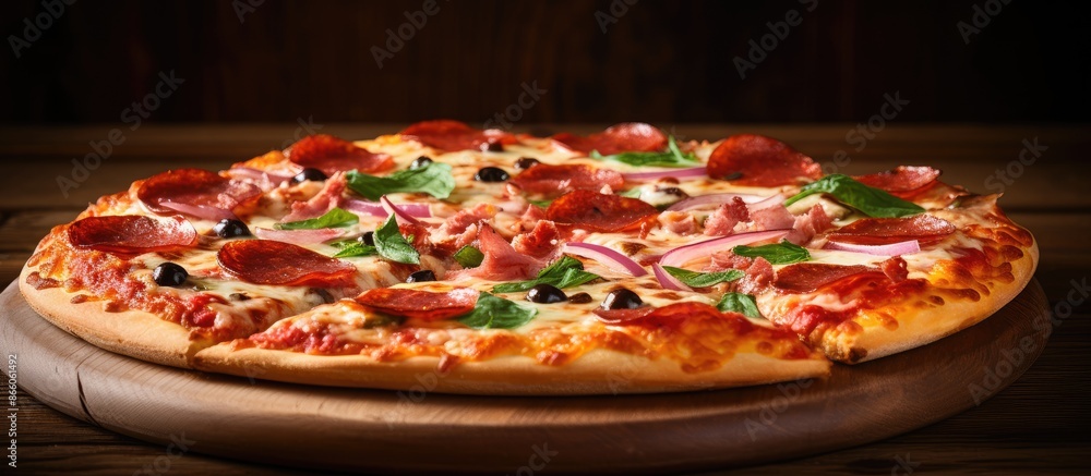 Poster fresh pizza displayed on a rustic wooden table with copy space image.