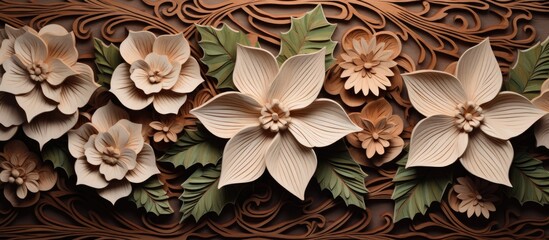 Holiday greetings wood carving on a wooden background with copy space image.