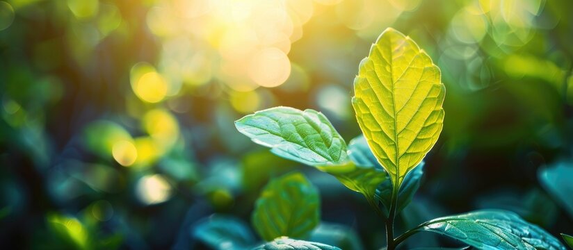 Close-up nature view of a green leaf on a blurred greenery background, offering a fresh and floral vibe reminiscent of sunny gardens, with beautiful toning and copy space image.